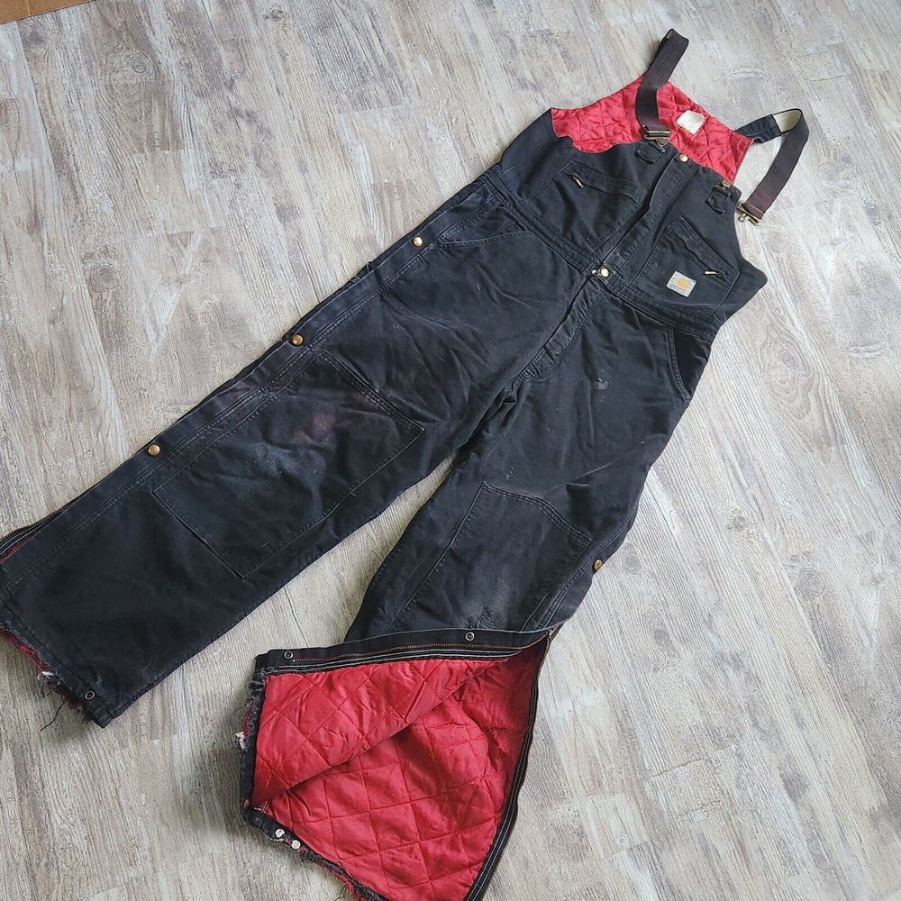 Carhartt Bib Distressed USA Union Made Insulated Duck Canvas Black Y2K Workwear